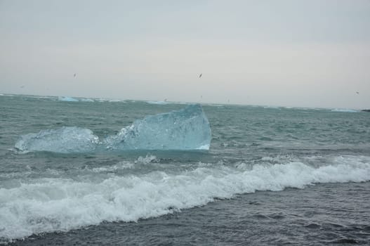 Crystal clear ice chunks floating on the waves of Diamond beach in Fellsfjara,Jokulsarlon on Iceland