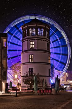 Long exposure of the castle tower called Schlossturm in Duesseldorf, Germany.