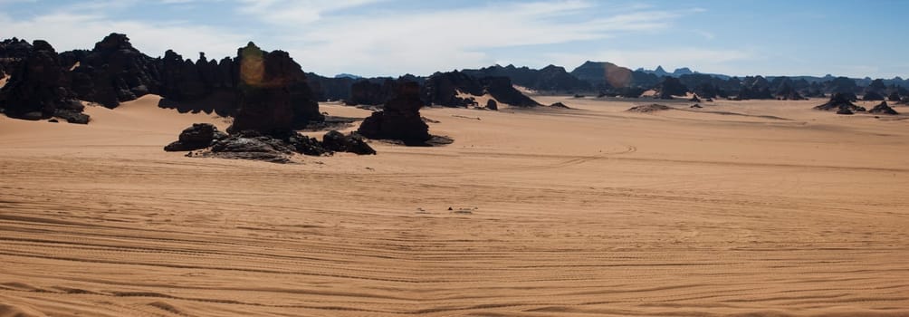Sandstone rock formations in Akakus (Acacus), Sahara Desert, Libya.