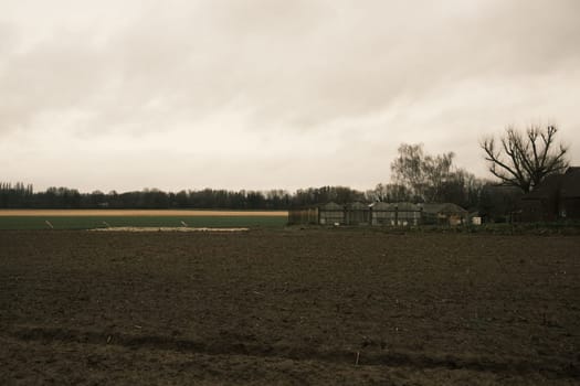 Rural landscape with a field and greenhouses against a cloudy sky in Meerbusch, Germany