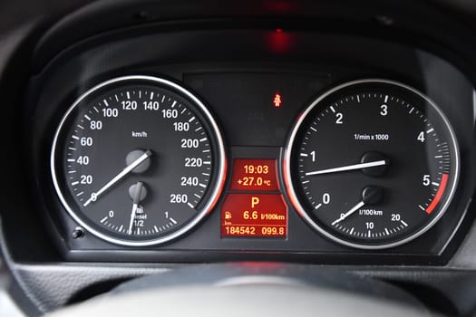 Speedometer unit of a car in closeup