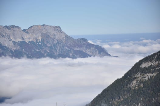 Mountains in Berchtesgadener Land, Alps in Bavaria, submerged in clouds