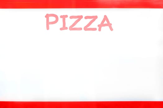 Inscription pizza in red frame on white background.