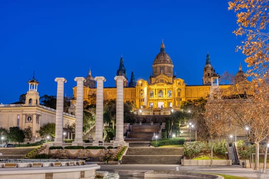 The National Palace on Montjuic mountain in Barcelona, Spain, at night