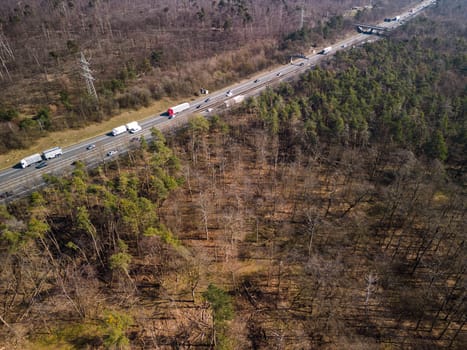 Bare trees and forest dieback on a multi-lane road with heavy traffic and high CO2 levels seen from the air with a drone