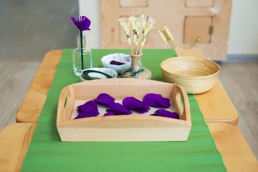 Classroom of Montessori kindergarten. The colorful Montessori material. Concept of children learning toy