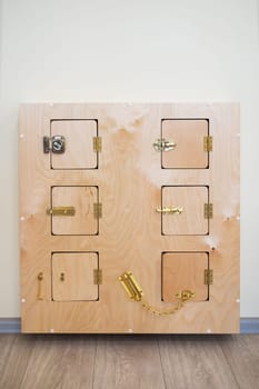 Classroom of Montessori kindergarten. Montessori wood material for the learning of children