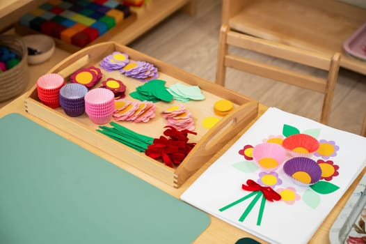 Classroom of Montessori kindergarten. The colorful Montessori material. Concept of children learning toy