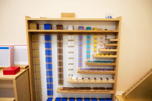 Classroom of Montessori kindergarten. Montessori wood material for the learning of children
