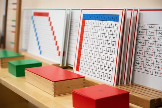 Classroom of Montessori kindergarten. The colorful Montessori material. Concept of children learning toy