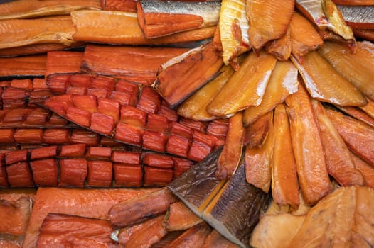 Various smoked fish products. Healthy eating and fish market concept