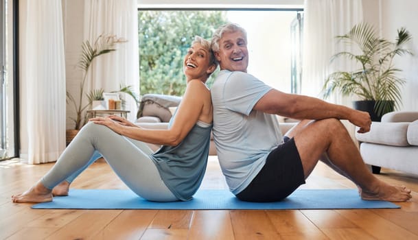 Exercise, living room and happy senior couple stretching together on yoga mat on the floor. Fitness, pilates and elderly people with health, happiness and wellness lifestyle doing workout at home
