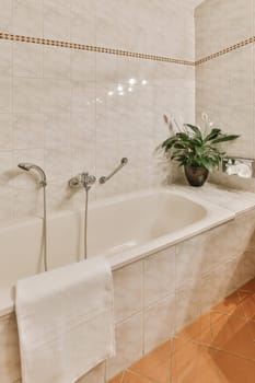 a bathroom with tiled walls and white tiles on the wall, there is a plant in the bathtub next to the tub