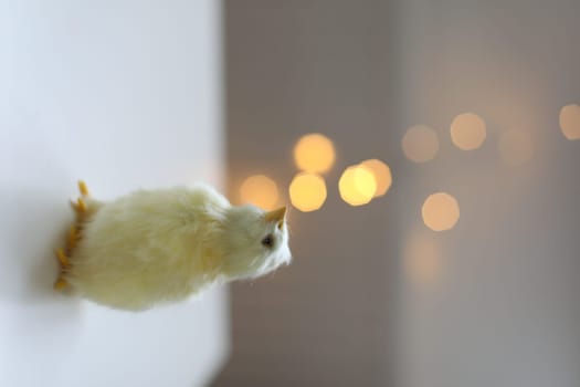 cute decorative Easter chicken on abstract blurred white background. festive composition for Easter holiday, spring season. template for design. copy space.