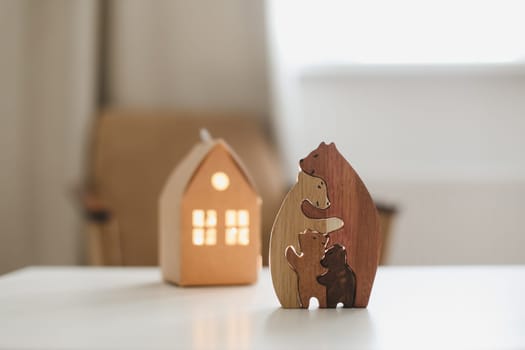 Baby toys background. handmade toy bears for banner on a pastel beige banner.