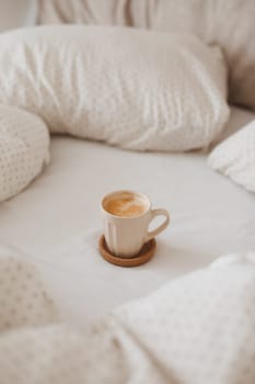 coffee on bed and pillows breakfast in the morning