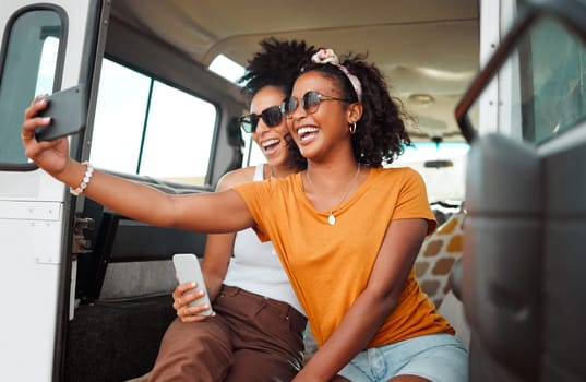 Travel, phone and selfie with friends in car for road trip adventure on Miami vacation for summer, transportation and social media. Happy, smile and holiday with women for internet post and youth.
