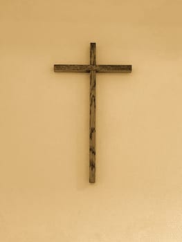 Concept or conceptual cross on background, texture with copy space for any text. metaphor 3d illustration for god, christ, christianity, religion, faith, saint, spiritual, jesus, faith, resurrection. christian wooden cross in a school classroom. A typical picture in German schools at the beginning of the 21st century, Europe. photo