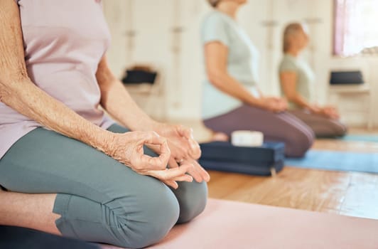 Yoga, lotus hands and senior women in gym meditating for chakra and spiritual health. Zen, meditation and group of retired elderly females training to relax for peace and wellness in fitness center