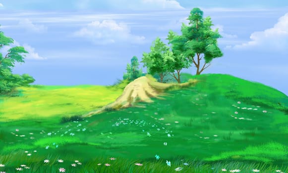 Green trees on the hill on a sunny summer day. Digital Painting Background, Illustration.