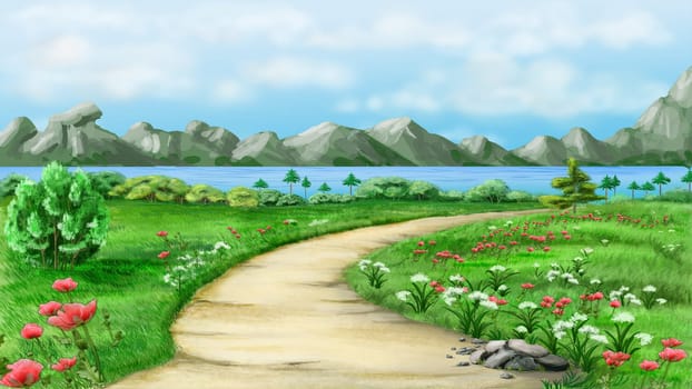 Dirt road to the lake against the backdrop of mountains on a sunny summer day. Digital Painting Background, Illustration.