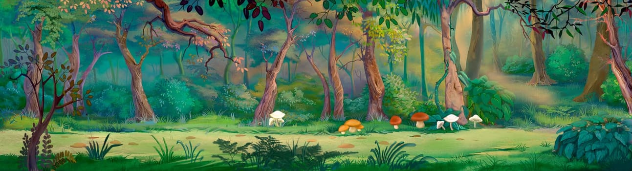 Mushrooms on a forest glade on a sunny summer day. Digital Painting Background, Illustration