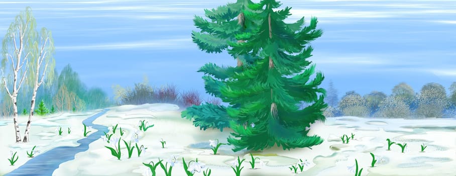 Winter forest on a sunny day. Digital Painting Background, Illustration.