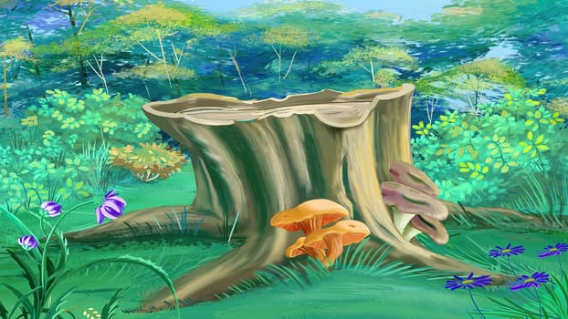 Tree stump in the forest on a summer day. Digital Painting Background, Illustration.