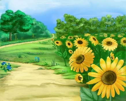 Sunflowers and Green plants on a forest glade at summer. Digital Painting Background, Illustration.