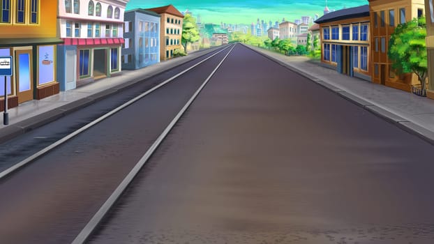 Tram rails in a city on a summer day. Digital Painting Background, Illustration.