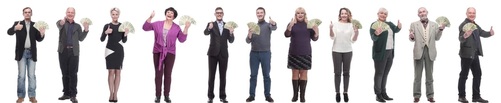group of successful people with money in their hands on a white background