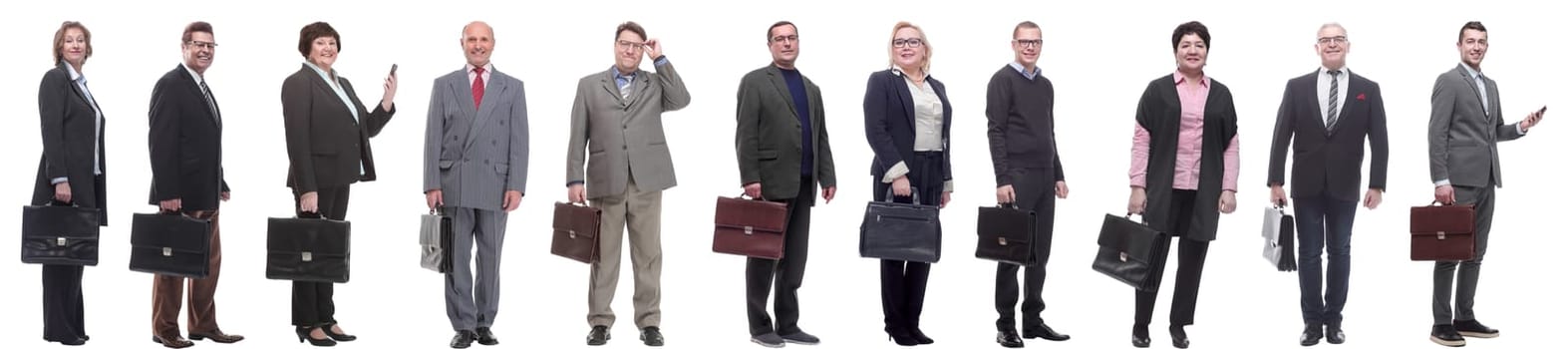 collage, group of businessmen with briefcase isolated on white background