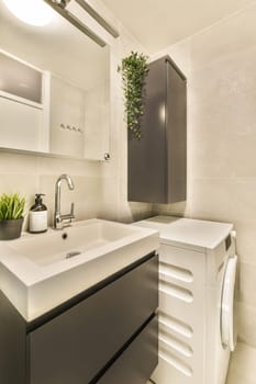 a modern bathroom with white tiles and black cabinetry, including a plant in the sink basin is next to the mirror