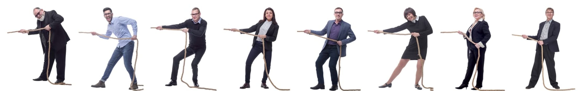 Business people pulling rope isolated on white background