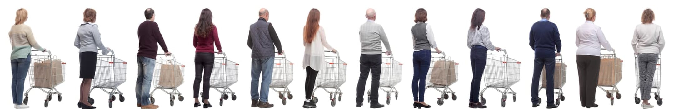 a group of people with a cart stand with their backs isolated on a white background