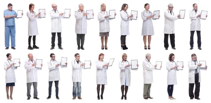 full length group of doctors with notepad isolated on white background