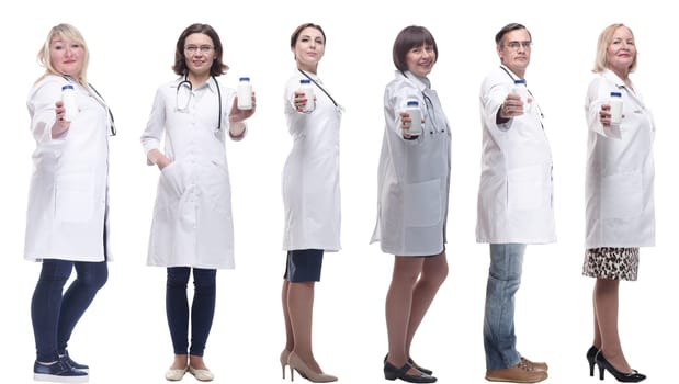 group of doctors holding jar isolated on white background