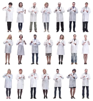 group of doctors holding jar isolated on white background