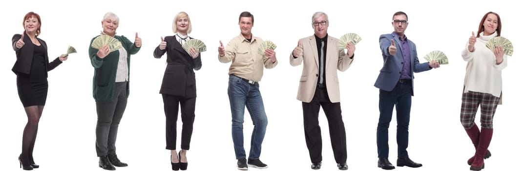group of successful people with money in their hands on a white background