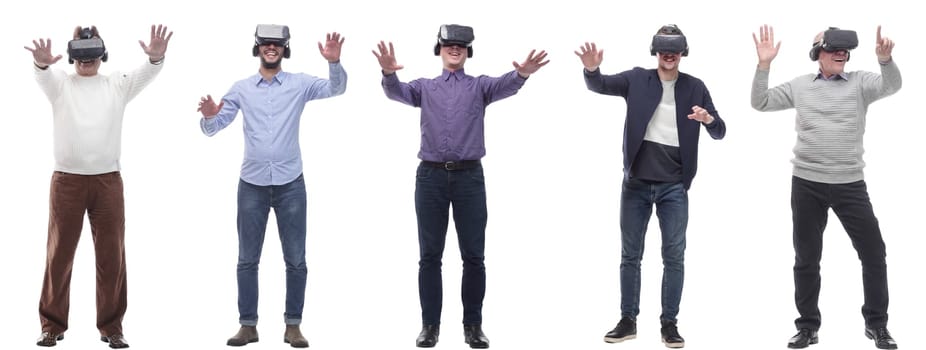 group of people with 3d glasses hands up isolated on white background