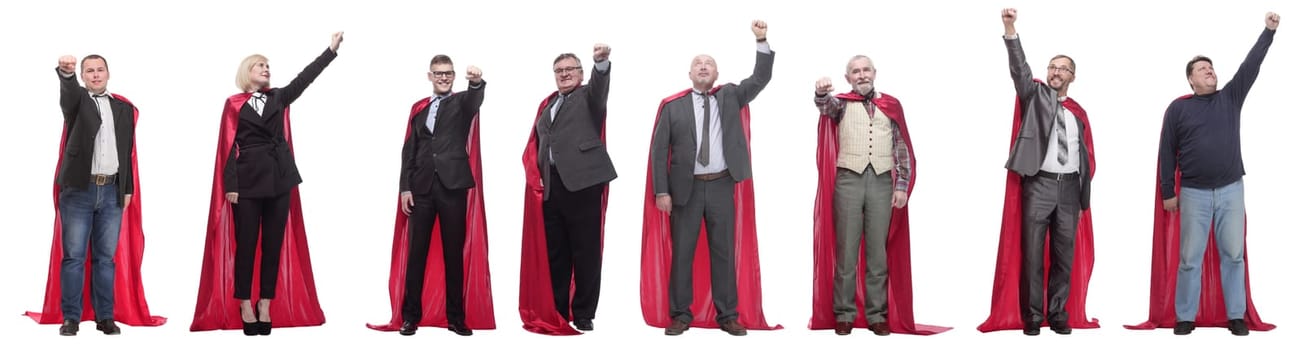 group of people in red raincoat isolated on white background