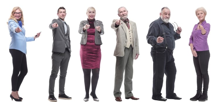 group of business people showing finger at camera isolated on white background