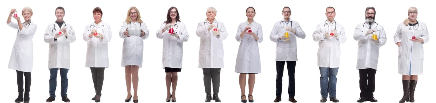 laboratory assistant holding a flask with liquid isolated on white background