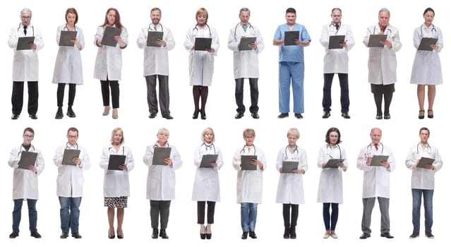 full length group of doctors with notepad isolated on white background