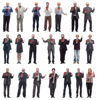 collage of successful architects speaks into a loudspeaker to the camera on a white background.
