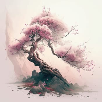Spring tree nature illustration, blossom Japanese sakura, wooden trunk, pink crown. Summer season park cartoon floral. Bloom sakura, cherry tree garden environment. download image