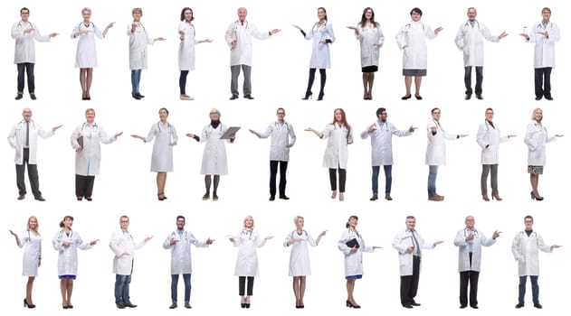 group of doctors in full length isolated on white background