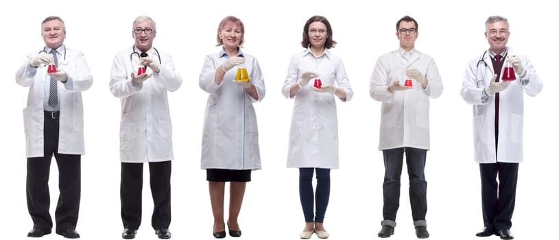 laboratory assistant holding a flask with liquid isolated on white background