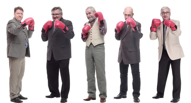 collage of businessmen in boxing gloves isolated on white background