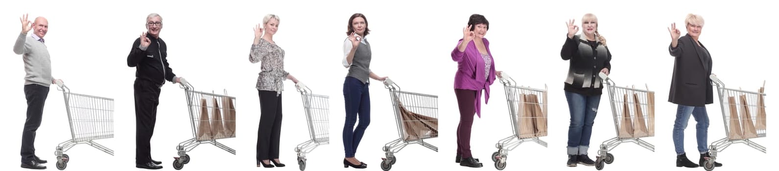 group of people in profile with shopping cart isolated on white background